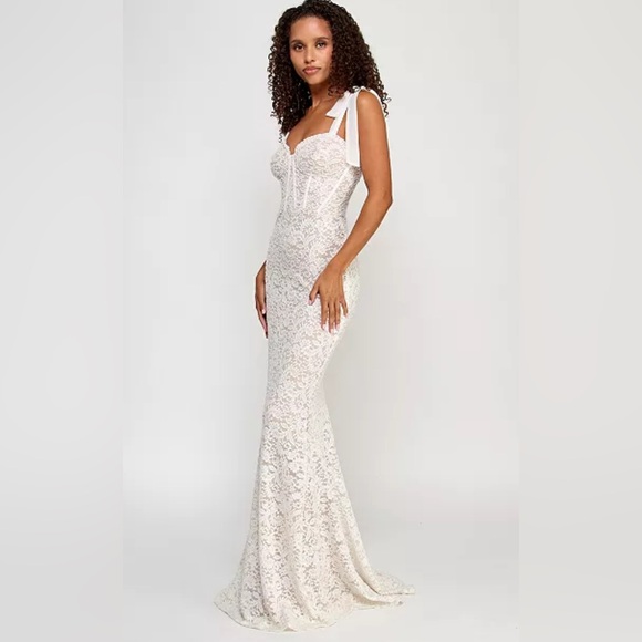 White Sparkly Lace Corset Wedding Dress with Sweetheart Neckline & Lace Up Back - Picture 2 of 14